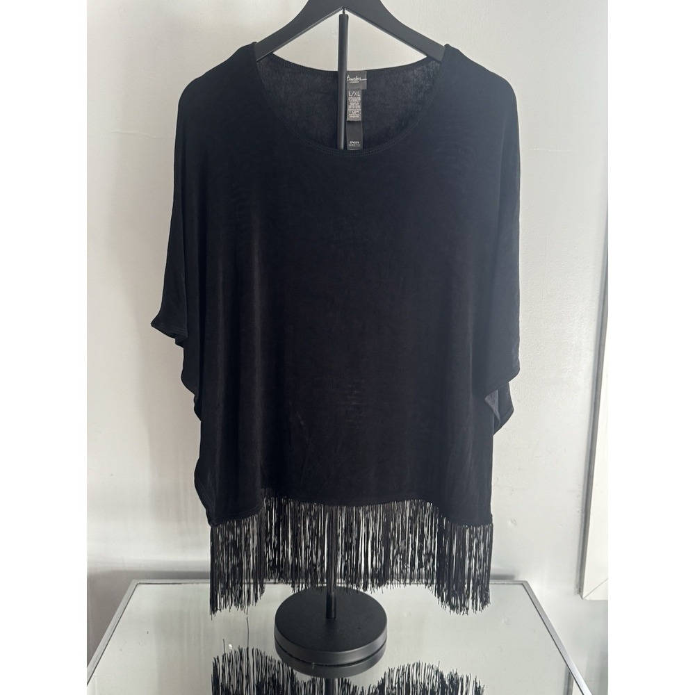 Chico's Travelers Black Fringe Hem Top L/XL – Boho Chic Draped Stretchy Tunic